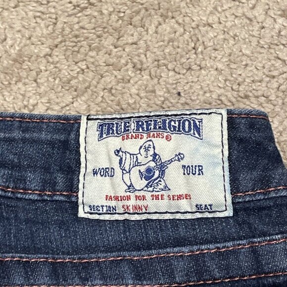 TRUE RELIGION SKINNY Jeans Womens 27 Dark Wash Blue Low Rise Embroidered Pockets - Picture 3 of 13